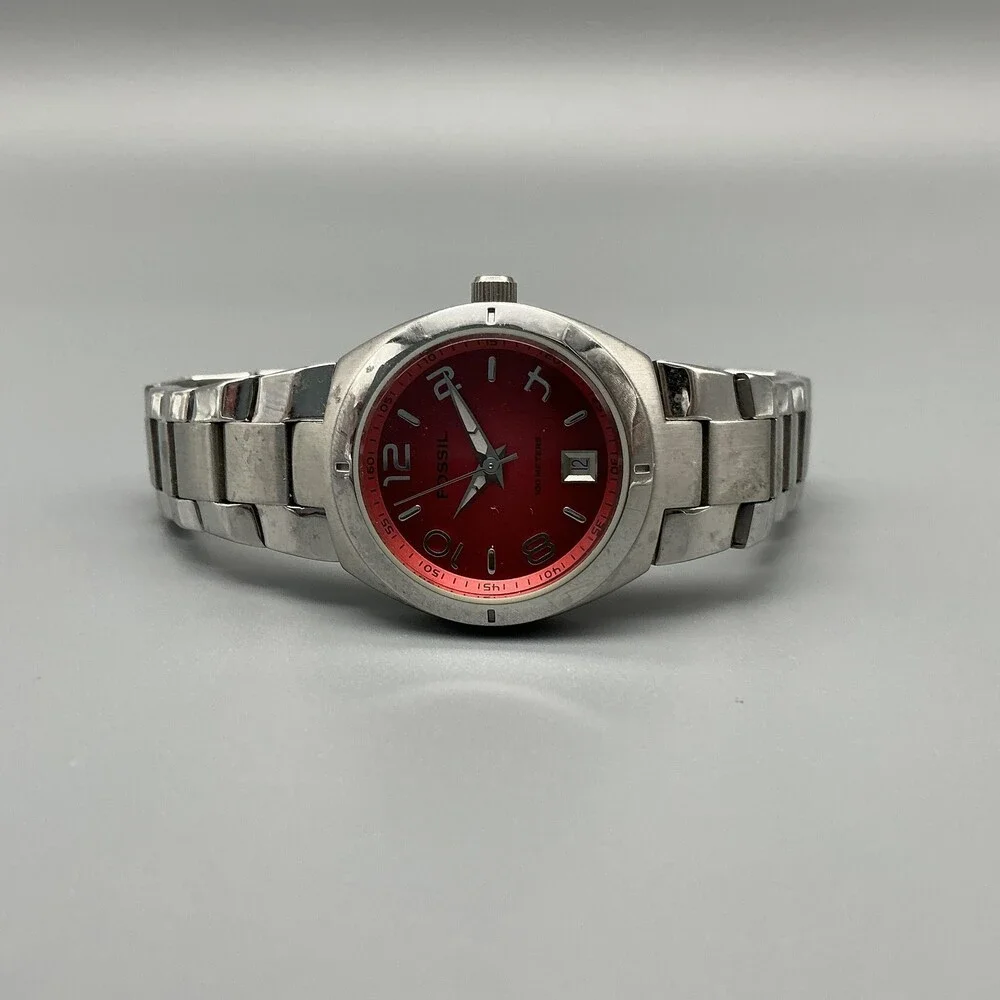 Fossil Blue Womens Watch 28mm Red Dial Stainless Date AM-4100 New Battery 6.75